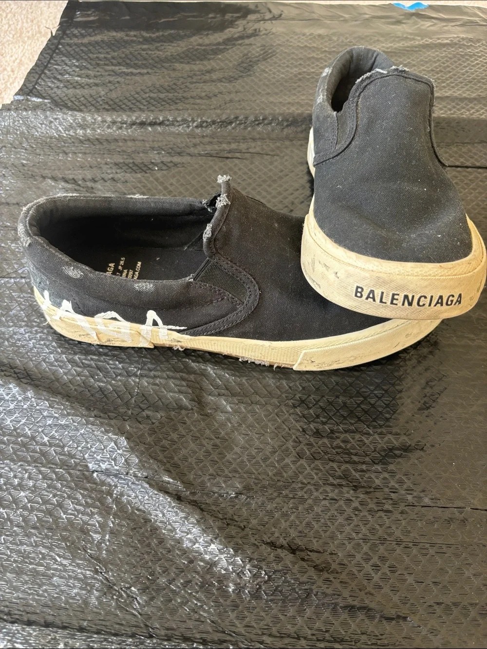 Balenciaga Black Canvas Slip-On Sneakers with Cream Soles